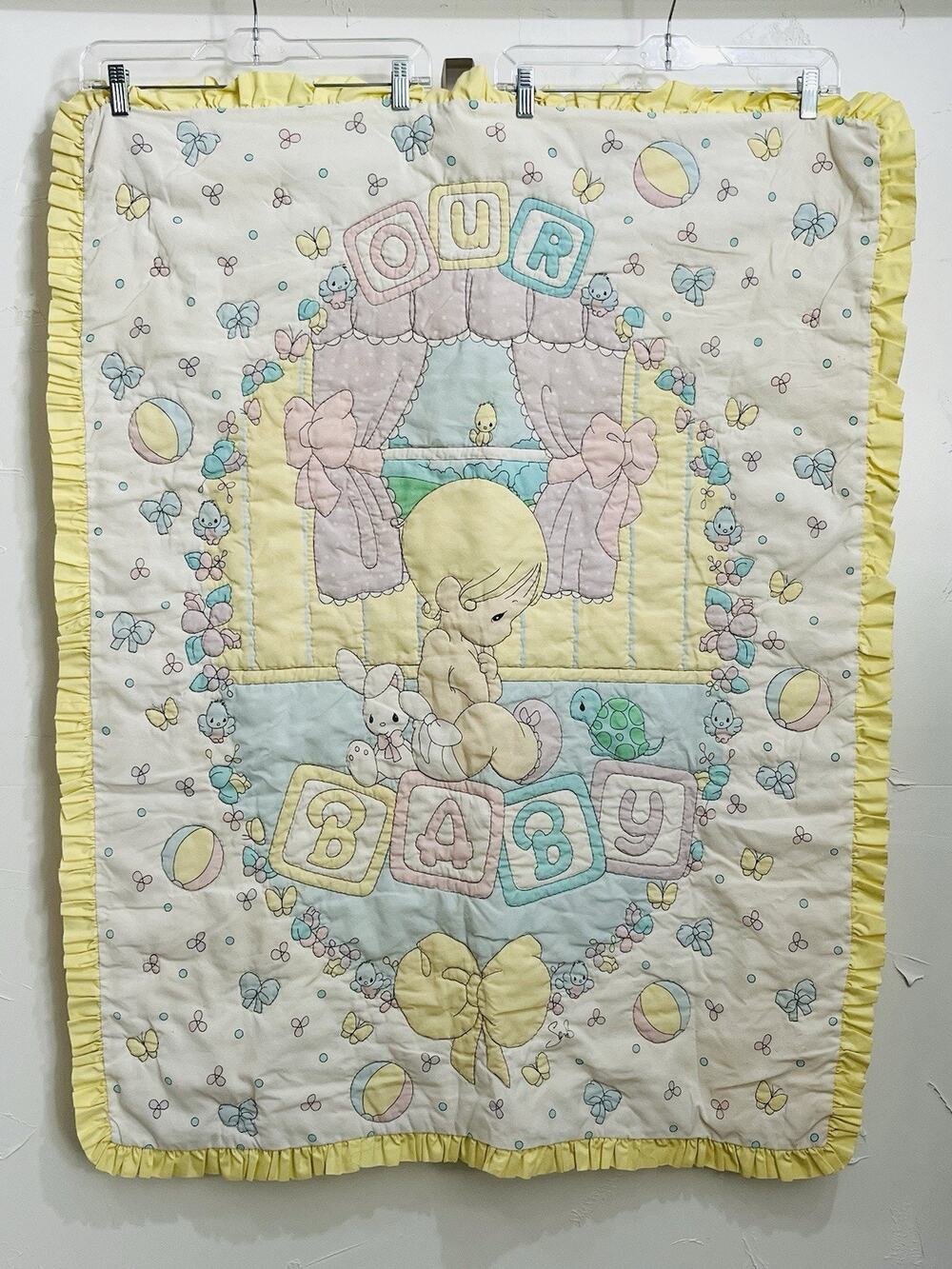 Vintage Precious Moments Quilted Baby Blanket Pastel Turtle Bird Yellow Bunny Bo